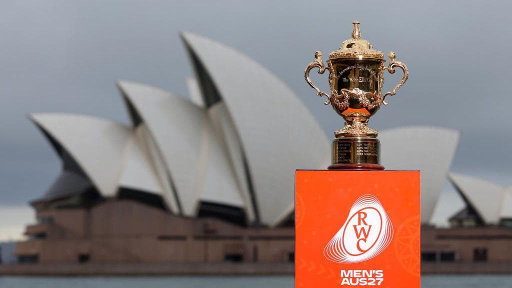 The Webb Ellis Cup on display in Sydney ahead of Rugby World Cup 2027