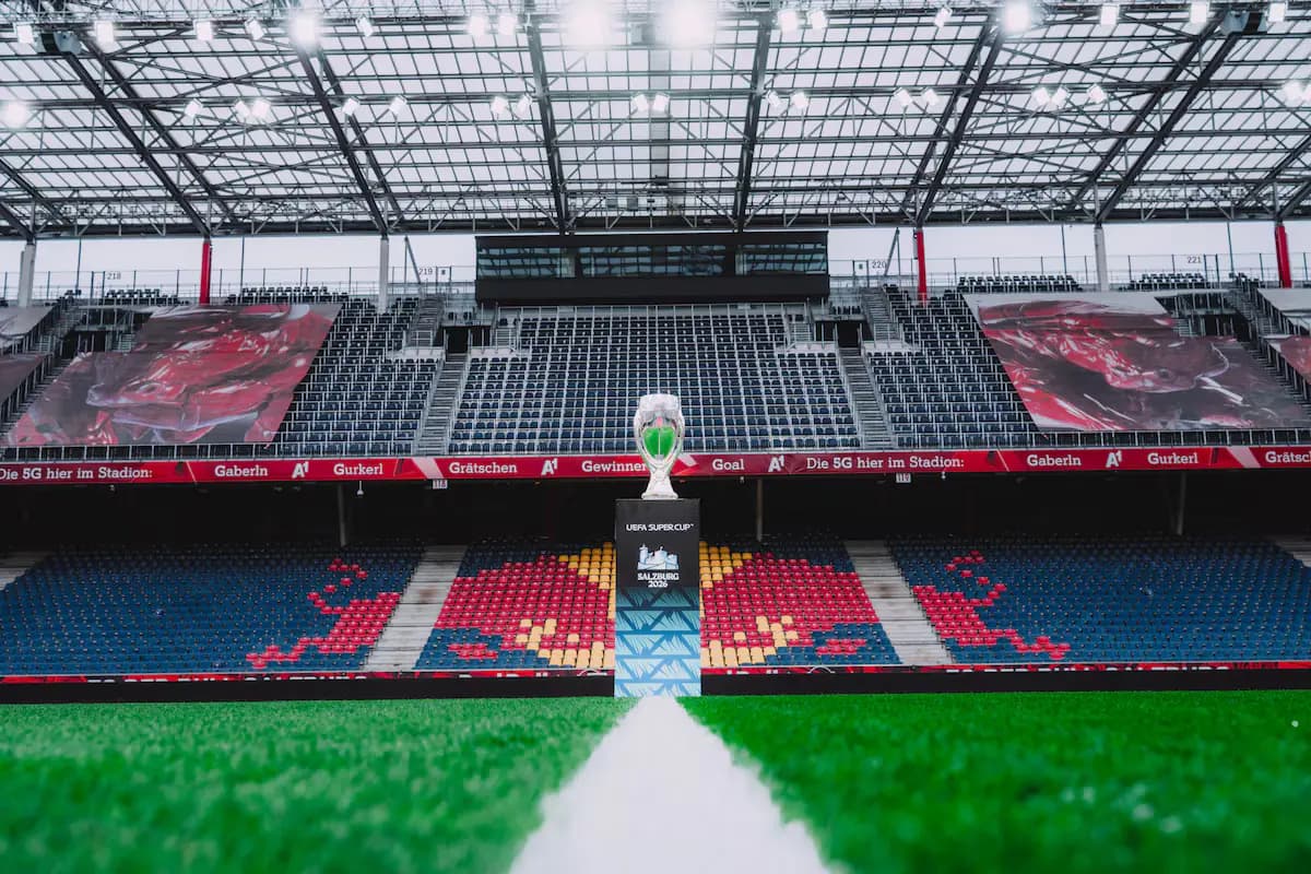 The UEFA Super Cup trophy on a plinth at Red Bull Arena, Salzburg, where PSG beat Aston Villa 2-0 in the 2026 UEFA Super Cup